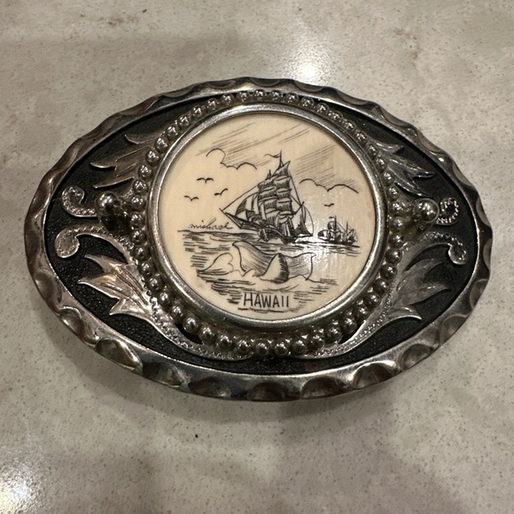 Vintage Hawaii Silver Belt Buckle Ship Whale Tail Michael  Vintage Hawaii Silver Belt Buckle Ship Whale Tail Michael Signature Ivory Hammer